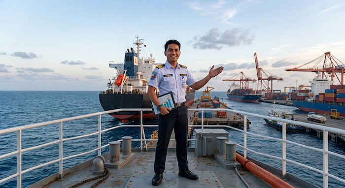 Filipino seafarer on the deck of a cargo ship at sea