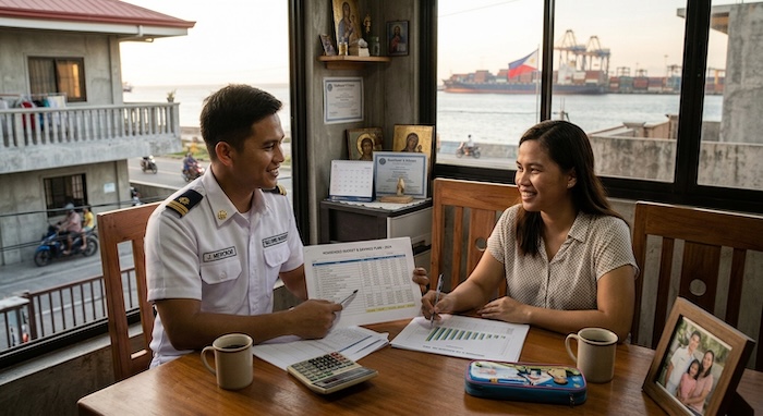 Filipino seafarer reviewing a household budget and savings plan with family