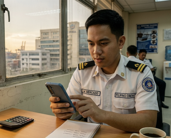 Filipino seafarer using a mobile app to apply for a maritime job
