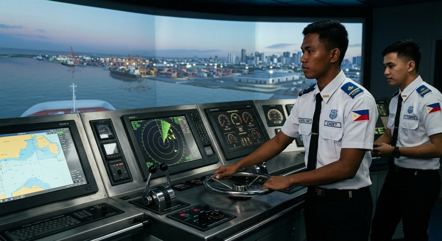 Young Filipino maritime student training on a ship bridge simulator